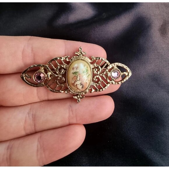 Vintage 1928 Floral Enamel Brooch Set Gold-Tone Filigree - Picture 6 of 6